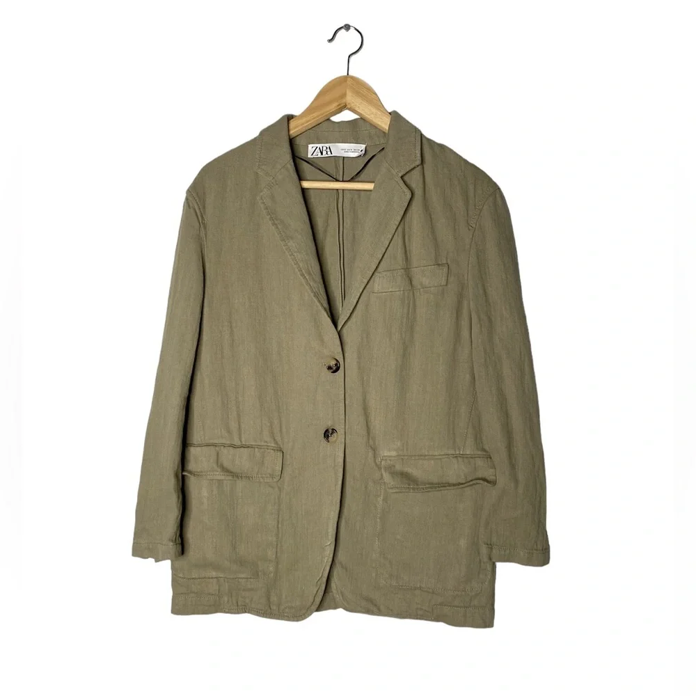 ZARA Green Linen Blend Button Blazer Jacket Women's Small - Picture 3 of 9